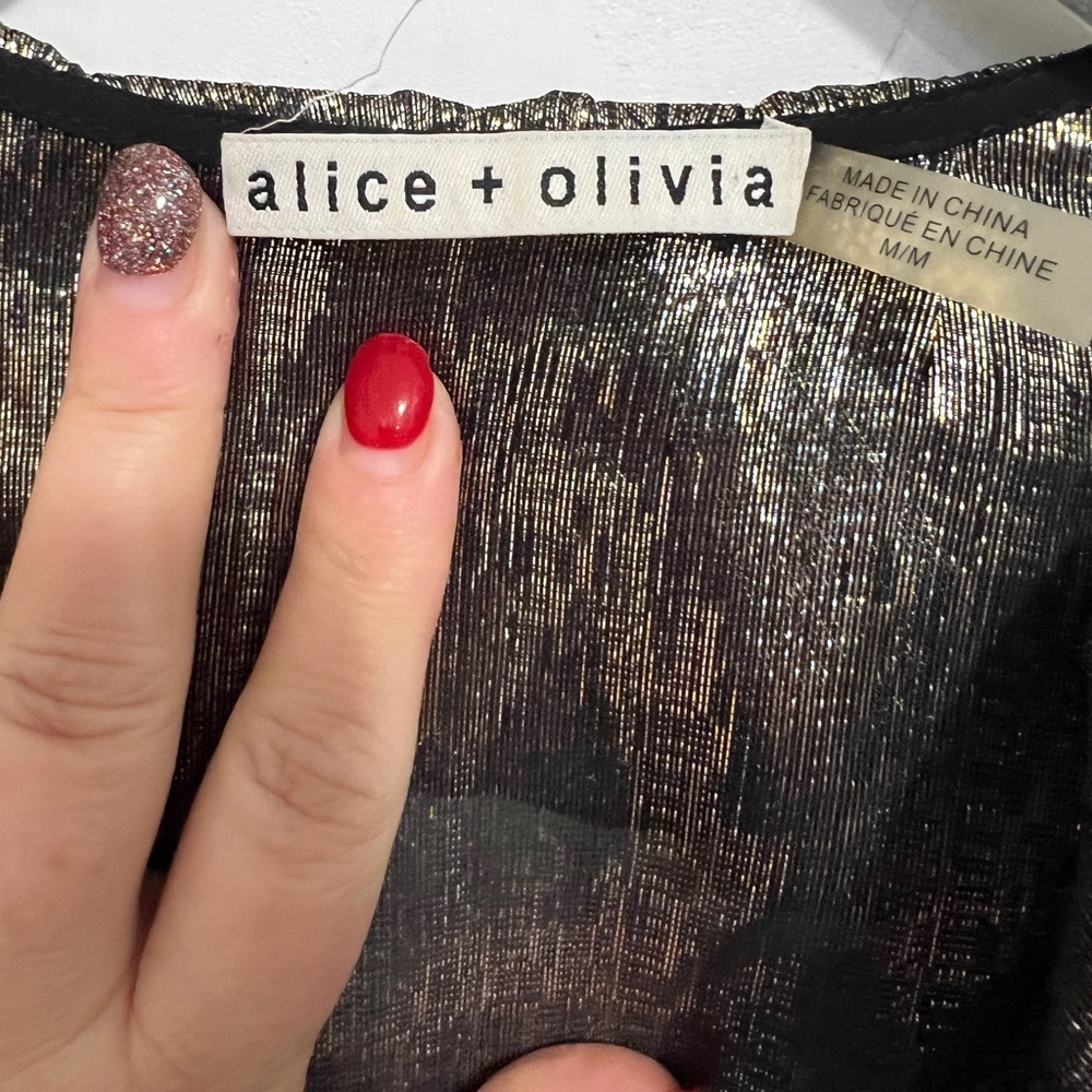 ALICE + OLIVIA Elliot Ruffle Blouse Metallic Gold Ruffle Top - Picture 8 of 12